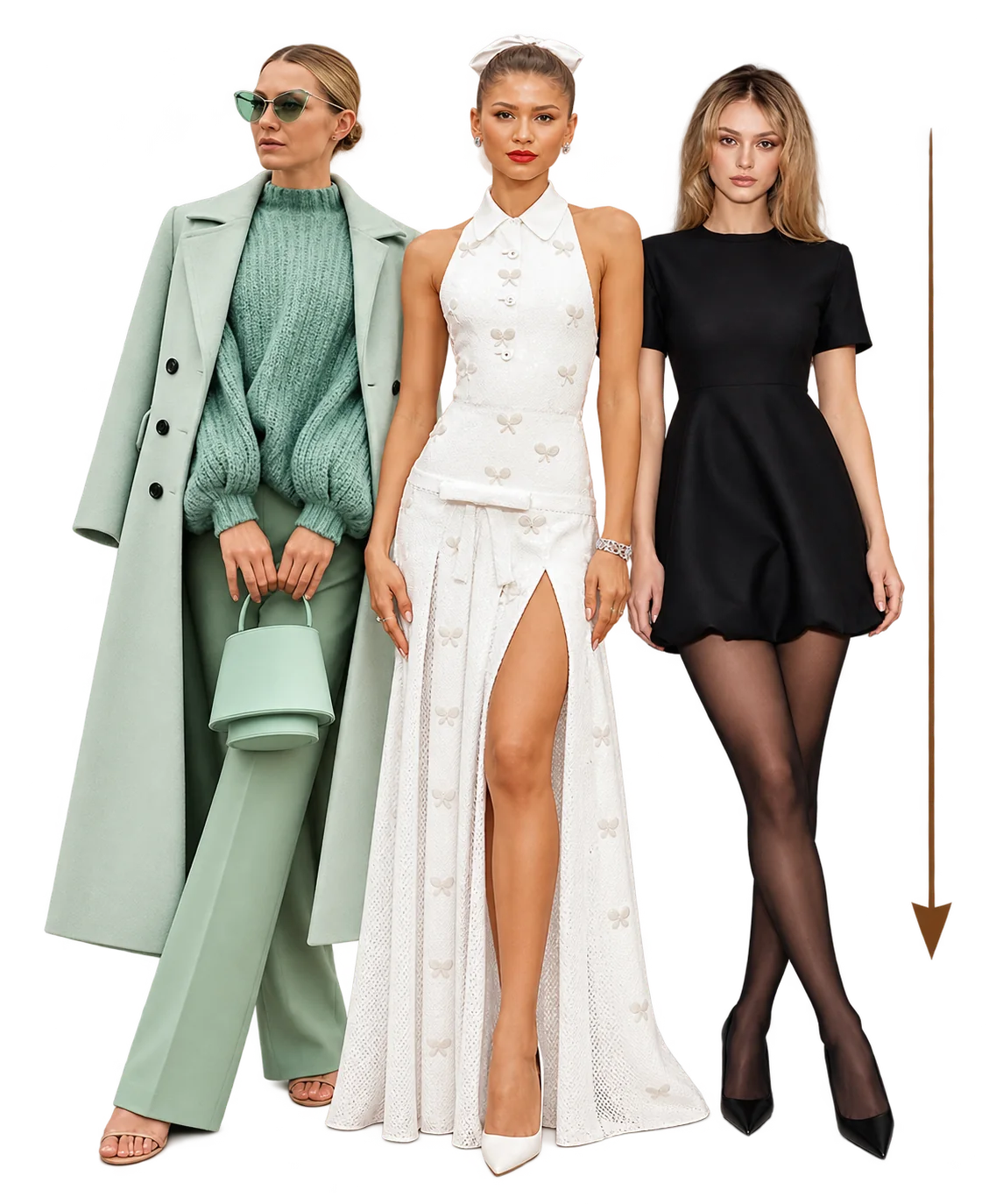 Three outfits, each with one long unbroken vertical line from shoulder to shoe, marked by a single downward arrow.